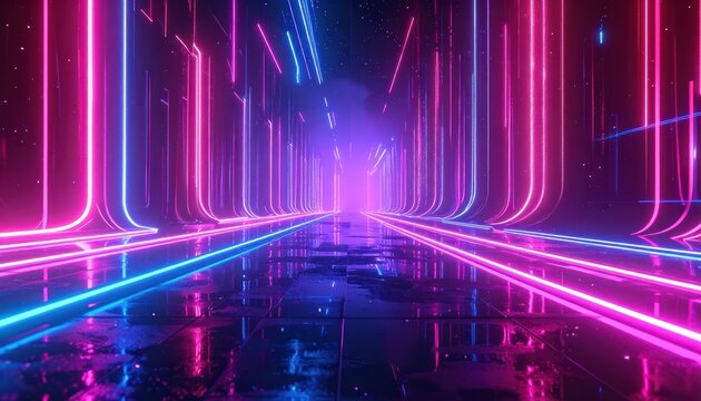 A futuristic neon tunnel with vibrant pink and blue lights illuminating the path forward.