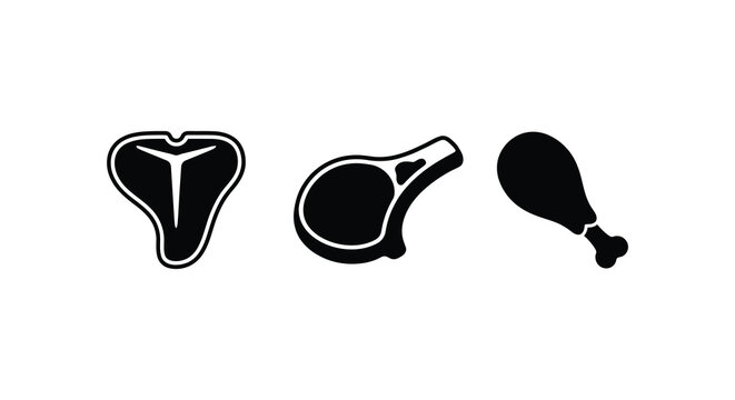 Three cuts of meat in black silhouette including steak chop and drumstick silhouette beef lamb pork chicken leg