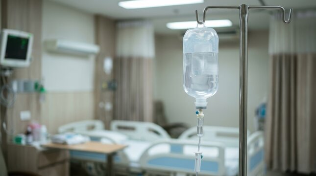 An IV drip bag hangs from a metal pole in a hospital room, delivering intravenous saline solution for patient treatment. The scene highlights medical infusion therapy and clinical care.