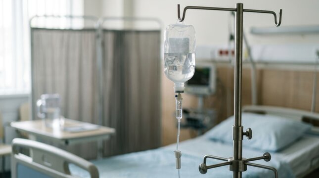 An IV drip bag hangs from a metal pole in a hospital room, delivering intravenous saline solution for patient treatment. The scene highlights medical infusion therapy and clinical care.