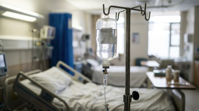 An IV drip bag hangs from a metal pole in a hospital room, delivering intravenous saline solution for patient treatment. The scene highlights medical infusion therapy and clinical care.