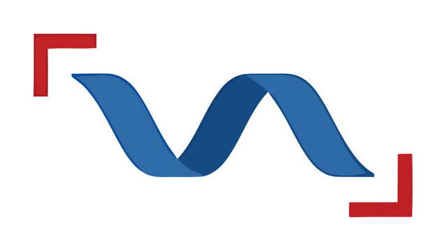 Blue ribbon or waveform with red corner brackets on white background