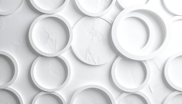 A close-up, overhead view shows a seamless pattern of overlapping white circular rings with textured interiors against a rough white background.