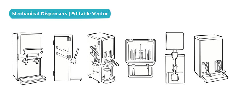 Mechanical dispenser vector line art style set of manual liquid pump machines for commercial beverage, sanitizer or sauce dispensing, technical schematic outlines isolated on white background designs.
