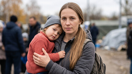 Fototapeta premium young mother holding child in refugee camp, concept of family resilience and hope