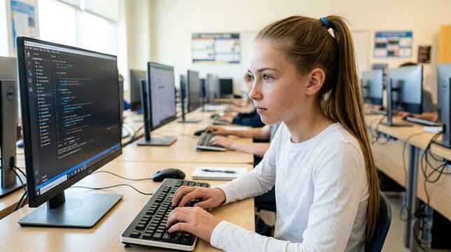 focused girl learning computer programming in classroom with computers and code on screen