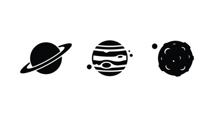 Planets and asteroid silhouette collection with rings and surface details flat black on white silhouette planet asteroids saturn © APIM02SN