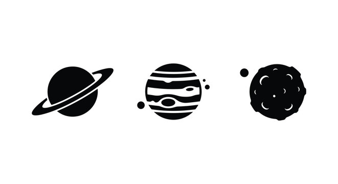 Planets and asteroid silhouette collection with rings and surface details flat black on white silhouette planet asteroids saturn