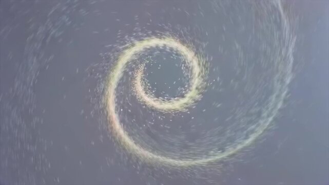 Particle vortex swirling macro center view in pale storm field, spiral motion and turbulent flow for physics simulation, weather warning, energy research, science training, and disaster graphics