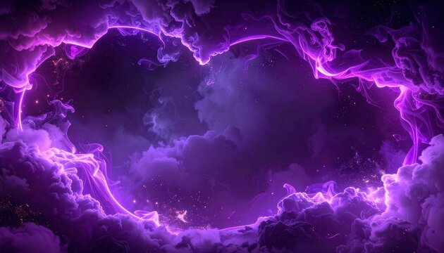 A vibrant display of purple nebulae and glowing cosmic energy forms a celestial frame against a dark, star-filled background.