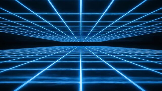 Abstract blue neon glowing grid in digital cyberspace perspective for retro futuristic background