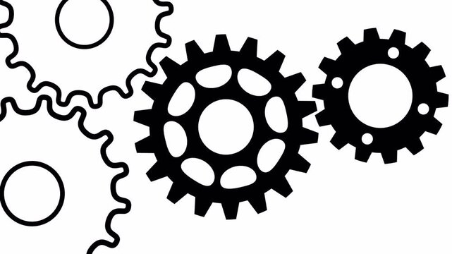 Simple black and white animation of rotating gears and cogs working together in a synchronized mechanical motion for business and technology concepts with a clean minimalist style