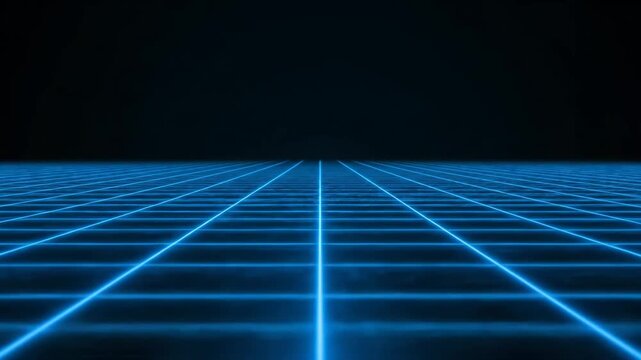 Retro blue neon grid perspective on dark background.