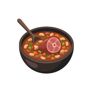 A bowl of hearty bean soup with a large ham hock