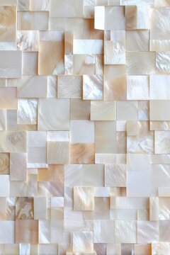 Pearlescent mother of pearl mosaic tile background with iridescent squares for luxury interior wall panels and design backgrounds