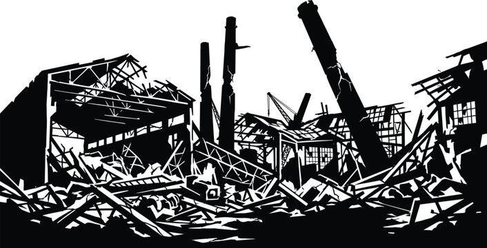 Ruined industrial factory collapsed broken structures factory destruction industrial disaster aftermath.