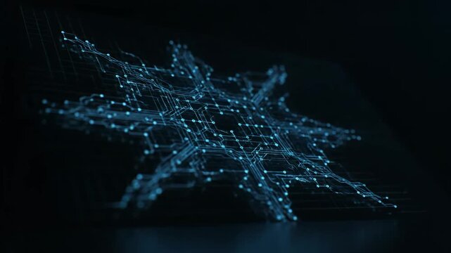 Blue Glowing Digital Snowflake with Circuit Board Lines and Connectivity Background
