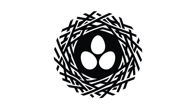 Minimalist black and white bird nest icon featuring three smooth eggs in a circular pattern