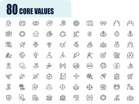 Core values icon set featuring trust, integrity, teamwork, leadership, and growth concepts in clean outline style. Ideal for business culture, HR, branding, and presentations.