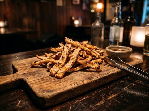 Toasted Thick-Cut Dried Filefish Strips on Wooden Board