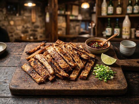 Toasted Thick-Cut Dried Filefish Strips on Wooden Board