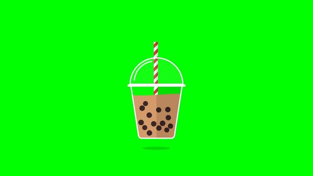 Boba Milk Tea Floating Cup Flat Vector Animation Chroma Key Green Screen 4K Seamless Loop