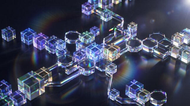 A 3d rendering of a complex network of interconnected transparent cubes and hexagons