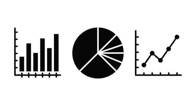 Bar graph pie chart and line graph icons in a flat black silhouette column circle growth data visualization