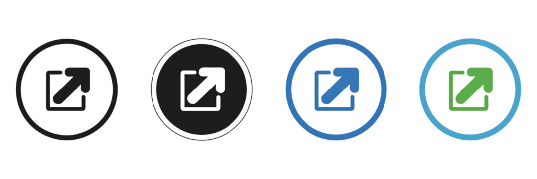 External link share arrow icons, outline and colored button symbols for navigation, redirect, launch and open actions, vector illustration.