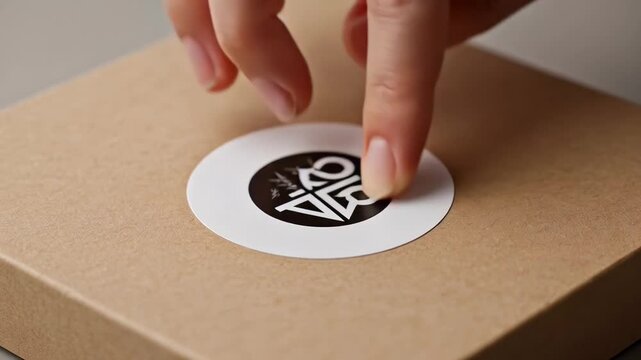 ?Carefully placing a circular sticker on a brown gift box with precision