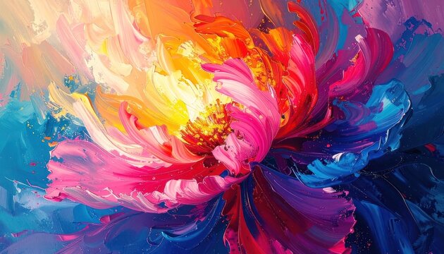 A vibrant, abstract interpretation of a peony flower blooms with bold brushstrokes and a riot of vivid colors.