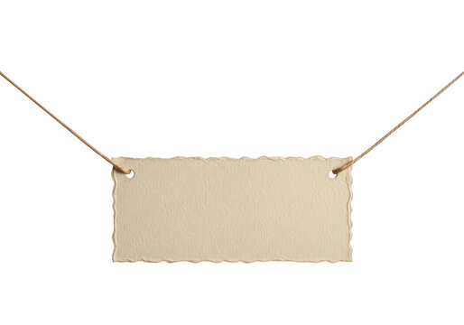 Natural textured paper tag hanging on a thin rustic string isolated on a professional transparent canvas