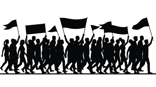 Silhouette of a large crowd of people marching while holding blank protest signs and flags