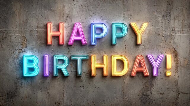 Colorful neon happy birthday sign on textured concrete wall