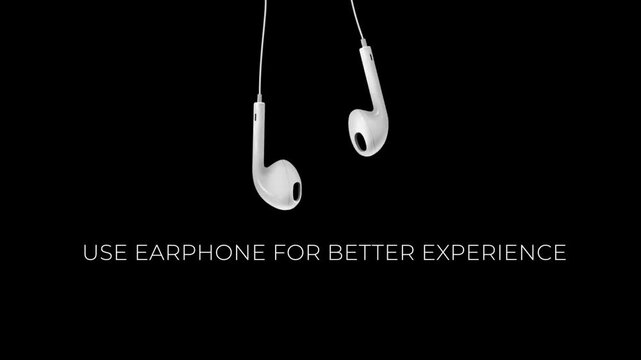 Use Earphones For Better Experience Animation, White Headphones Audio Prompt on Black, Immersive Sound Experience Video Intro, Minimalist Earbuds Audio Warning Screen, Clean Tech Earphones Instruction