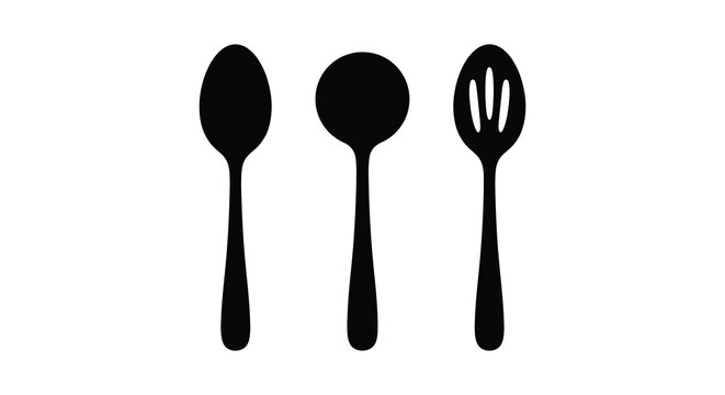 Black Silhouette Of A Teaspoon Table Spoon And Slotted Spoon On A White Background Silhouette tablespoon cutlery flatware