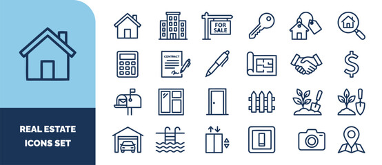 Fototapeta premium Set of real estate and property including house, building, key, contract, floor plan, handshake, garage, pool, and location pin