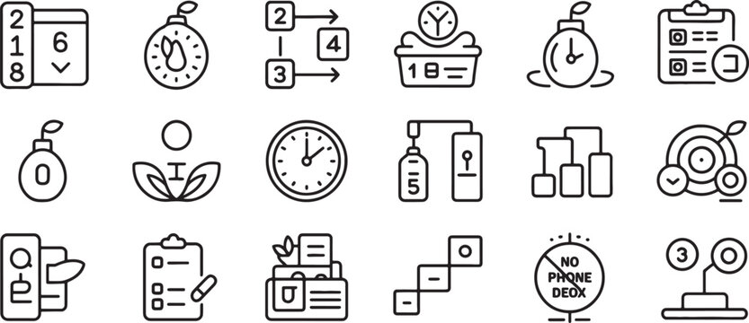 Icons Line Set with Stopwatch, Calendar, Clock, Phone, and Office Clipboards for Productivity and Time Management