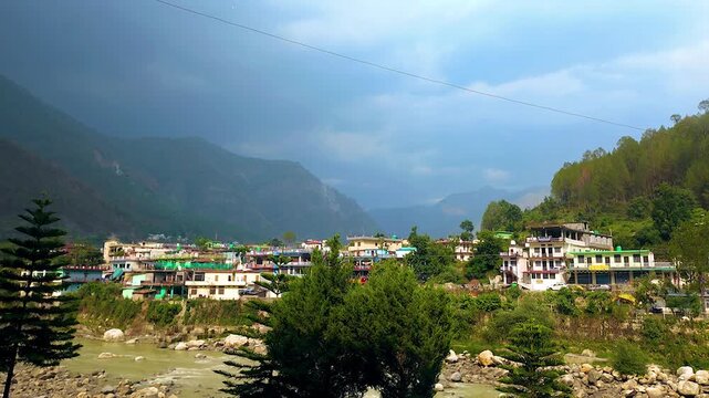 Dynamic timelapse showcasing the stunning landscapes of Uttarkashi district in Uttarakhand, India. Moving clouds, changing light, and the majestic Himalayan surroundings.