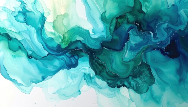 Abstract artwork featuring swirling patterns of turquoise, teal, and deep blue inks, reminiscent of flowing water or ocean currents.