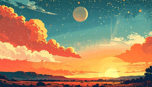Retro style fantasy landscape illustration with a vibrant sunset full moon and starry sky over hills
