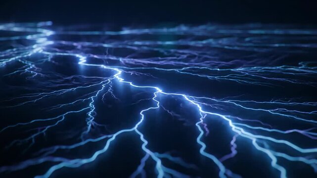 Abstract blue lightning bolts and electrical energy discharge on a dark surface.