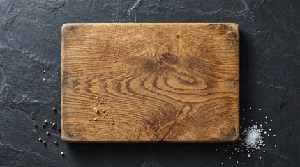 Fototapeta premium Rustic Wooden Cutting Board Kitchen Overhead Empty. Weathered oak cutting board with natural grain patterns on dark slate surface, overhead shot