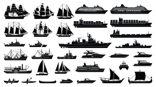 Detailed black silhouettes of various maritime vessels including large cruise ships and small sailing boats