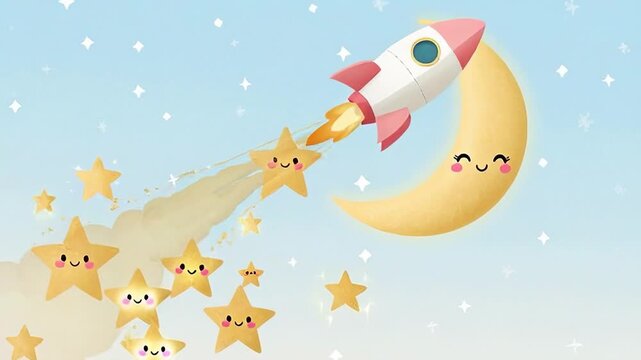 ?Adorable rocket journey through cartoon stars and cute clouds