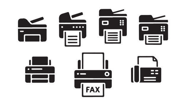 Collection of printer and fax machine icons for office document management system usage.
