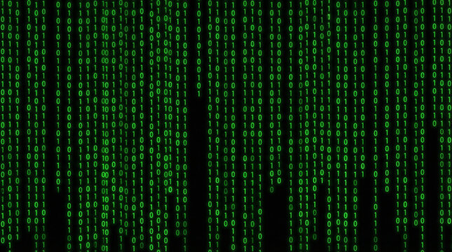 Binary Code Data Stream Green Matrix Digital Rain. Cascading green binary digits creating vertical data stream effect on black background