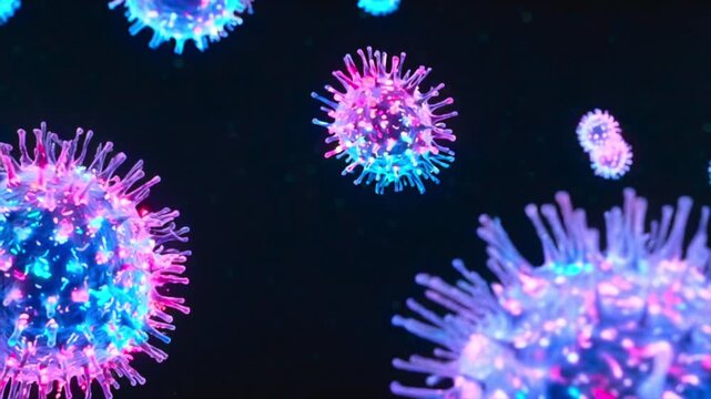 Virus particles glowing macro view in dark fluid, fluorescent viral bodies and spiked surfaces for virology research, infection risk, vaccine study, outbreak warning, and public health education media