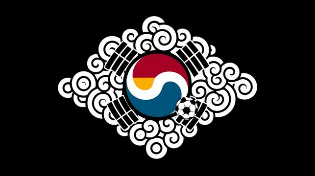 Ornate Korean traditional cloud swirl emblem featuring taegeuk symbol, four trigrams and soccer ball on solid black backdrop, cultural football club badge graphic,Korea soccer