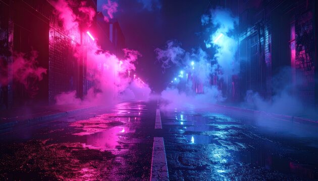 A wet street at night glows with neon pink and blue lights amidst swirling fog.